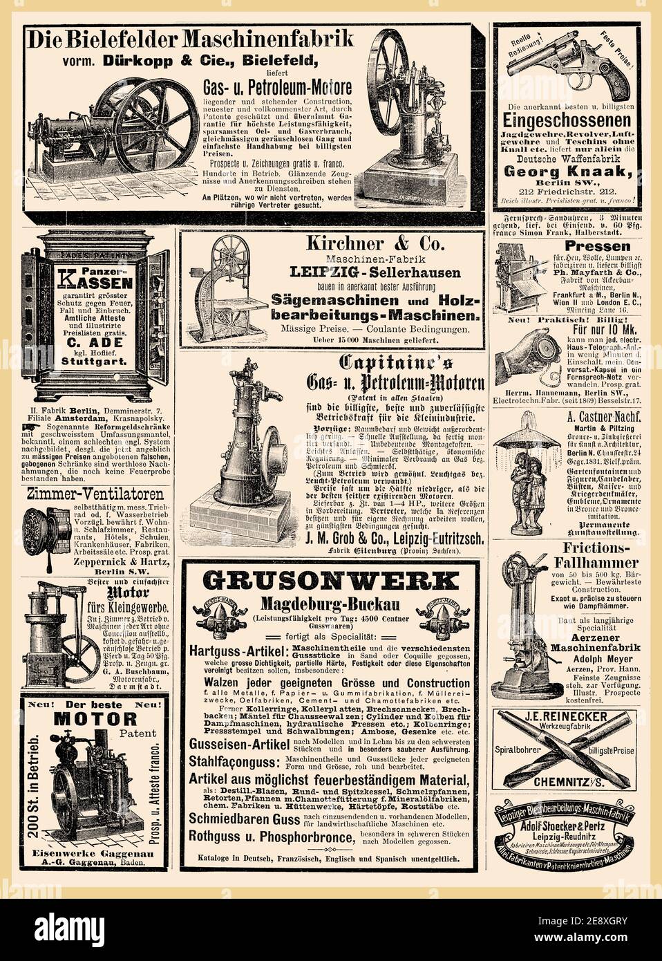 Commercial magazine advertising page in German with many promotion banners,vignettes and caricatures; dated 1891 Stock Photo