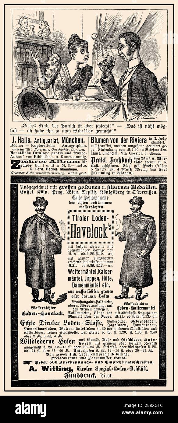 Commercial magazine advertising page in German with many promotion banners,vignettes and caricatures; dated 1891 Stock Photo