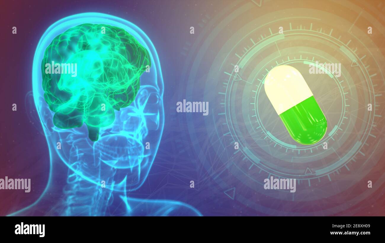 x ray human head image with highlighted brain and medical pill ...