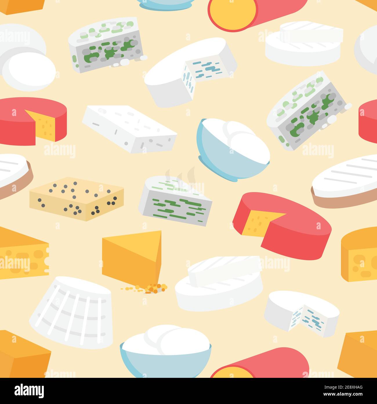 Cheese variety flat seamless pattern with cheddar mozzarella gouda camembert vector illustration Stock Vector