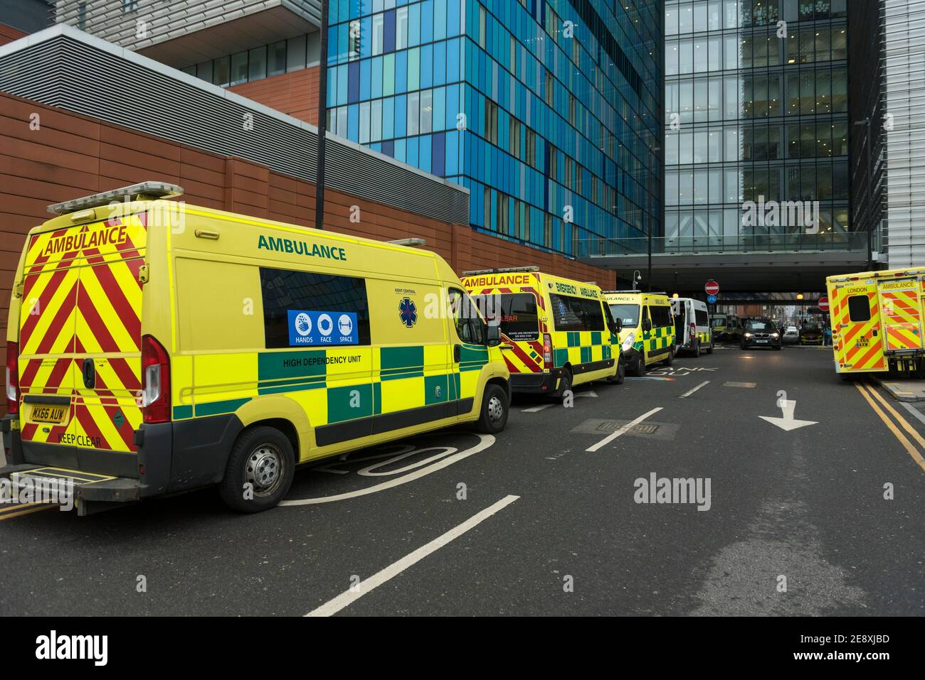 London, UK.  1 February 2021.  Ambulances lined up outside the Royal London hospital in Whitechapel as concern over the severity of a South African Covid-19 variant in the UK continues.  The UK government has also just announced that 9.2m people have been vaccinated.  Credit: Stephen Chung / Alamy Live News Stock Photo