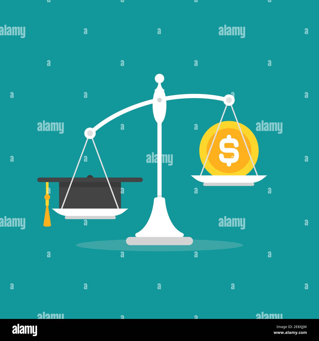 White mechanical scales with clock and mortar board in pans. Education