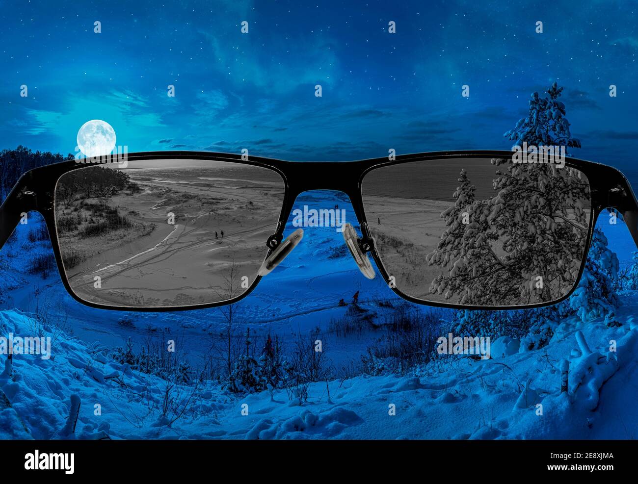 Looking through glasses to desaturated view of winter starry night. Color blindness. World perception during depression. Medical condition. Health and Stock Photo
