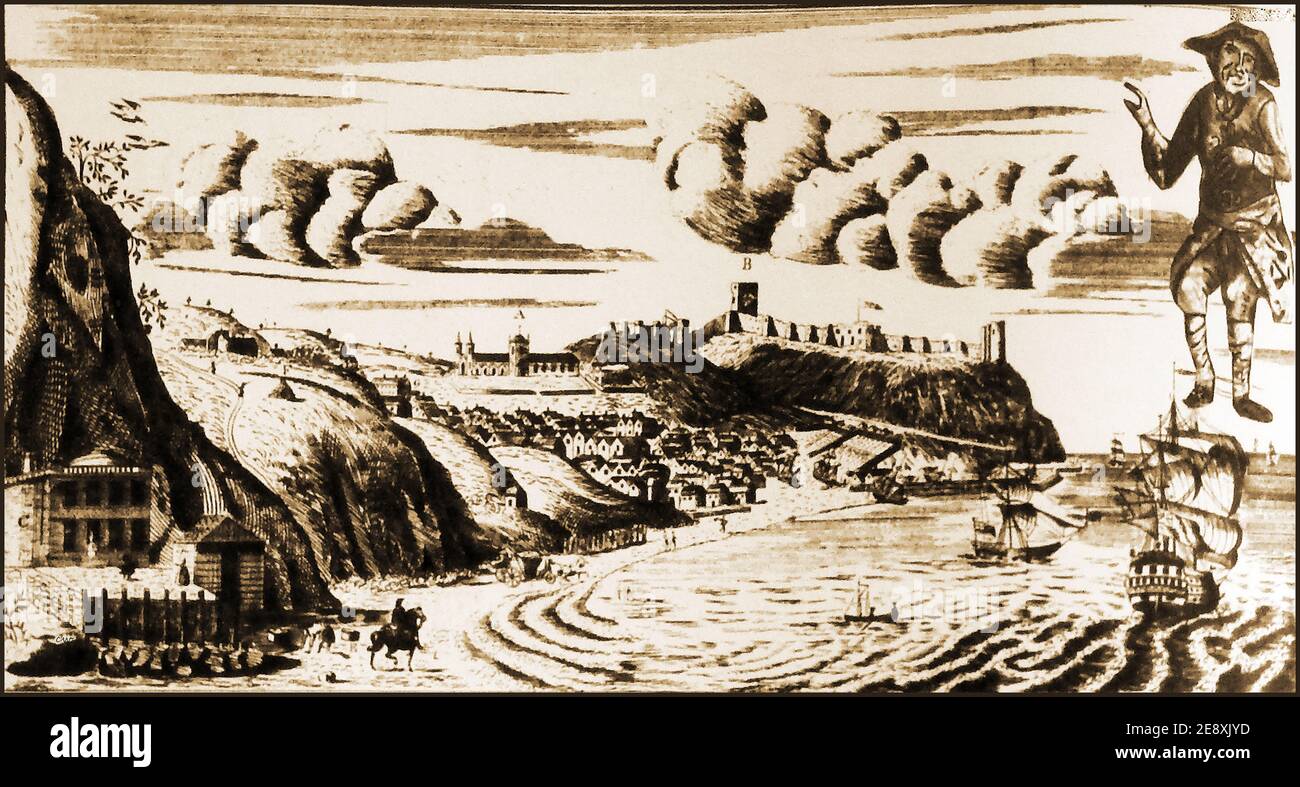 An engraving showing a south-west view of old Scarborough (Yorkshire UK) with  its castle,  spa and other  buildings as they were in 1735. The building at the far left is the original Scarborough Spa  . It was nicknamed Dickey's Castle after its first administrator Richard Dickinson (inset top right) who had an deforming condition known as acromegaly (similar to  Joseph Merrick the 'Elephant Man'). Stock Photo