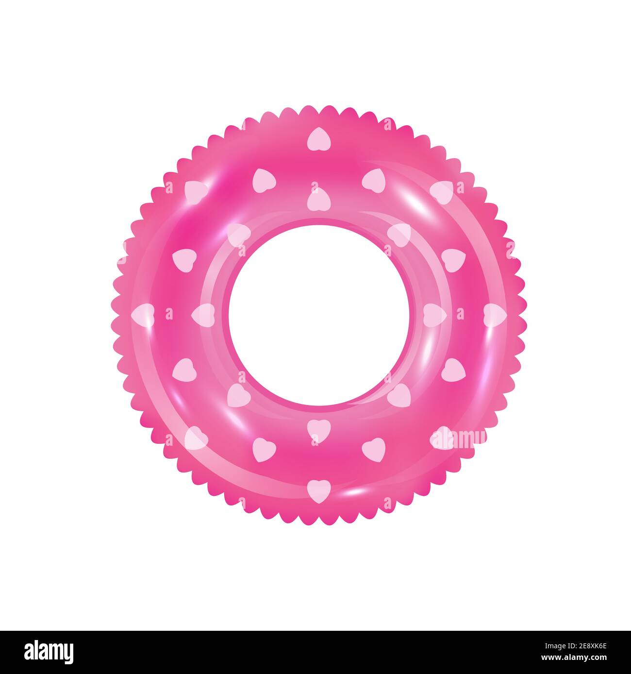 Pink inflatable ring vector. 3d realistic swimming toy in front view isolated on write background. Rubber rink with hearts on surface. Water park pool Stock Vector