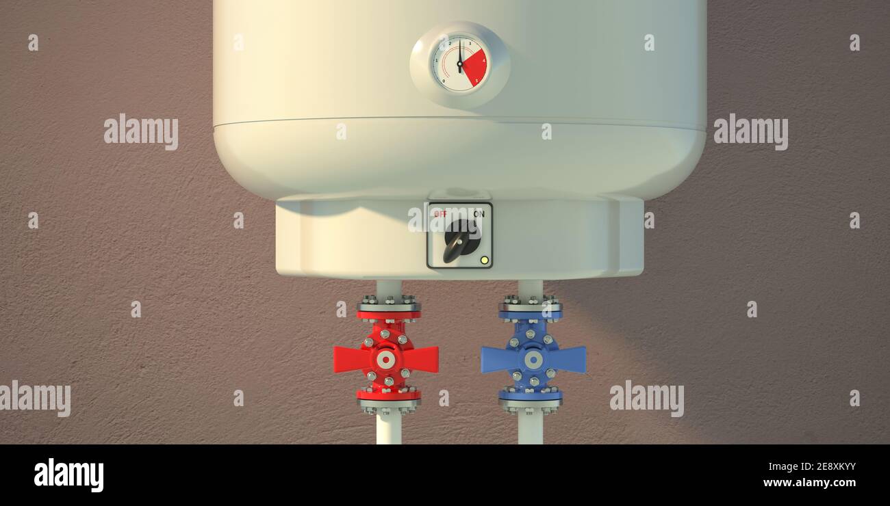 Electric water heater on brown color wall, copy space. Home wall