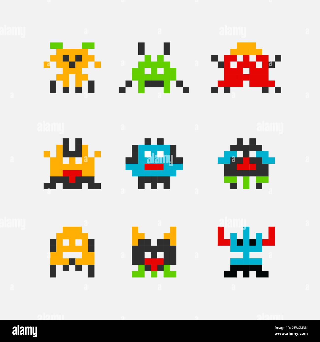 8 bit pixel arcade game alien invader. Superhero pixel space monster geek game Stock Vector