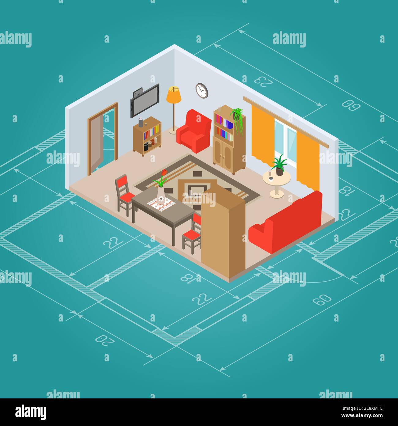 Isometric living room interior plan with 3d furniture vector ...