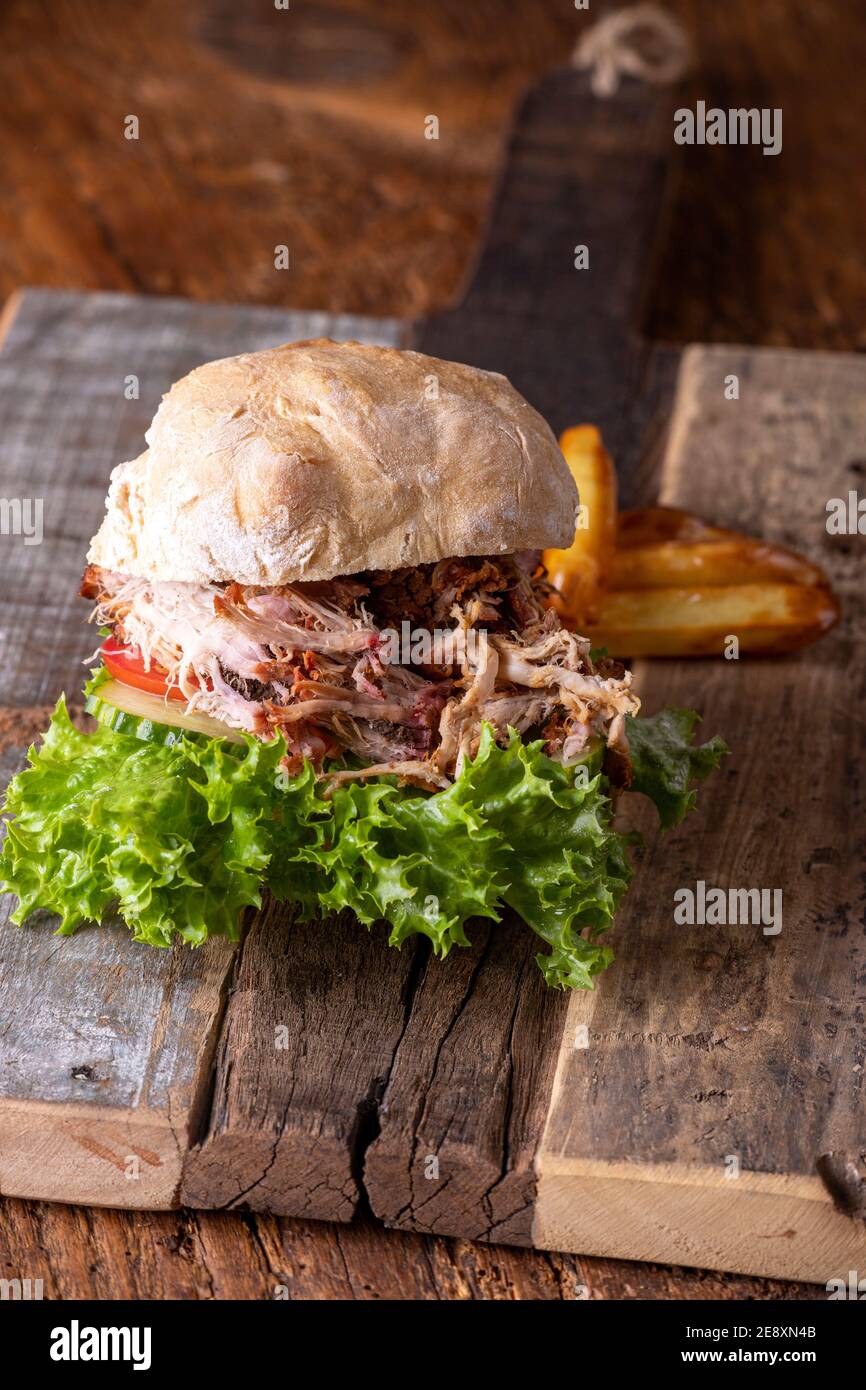 pulled pork in a bun with fries Stock Photo