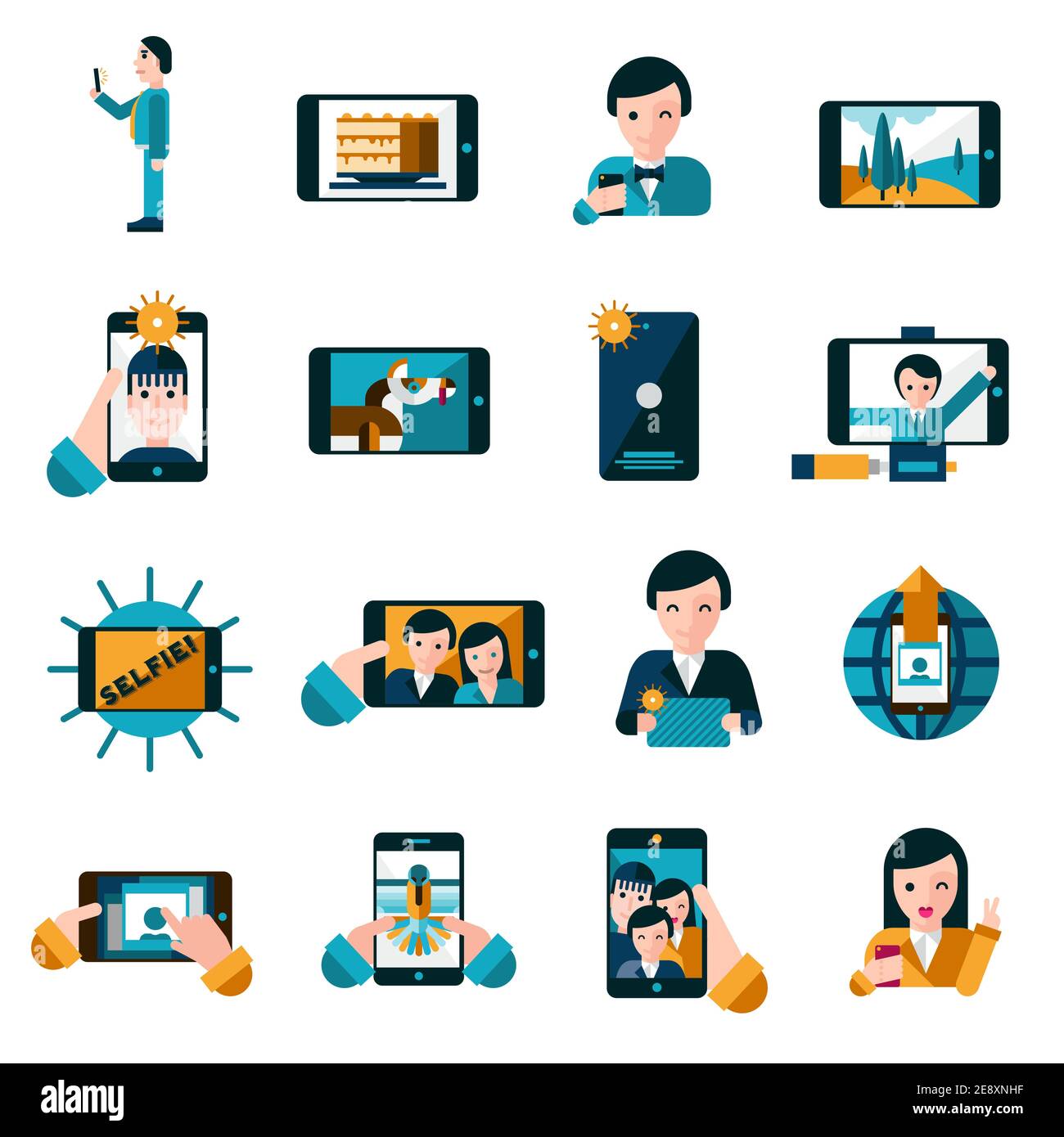 Mobile photo and selfie with smartphone icons set flat isolated vector ...