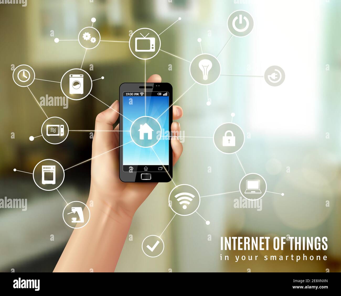 Internet of things concept with realistic human hand holding smartphone vector illustration Stock Vector