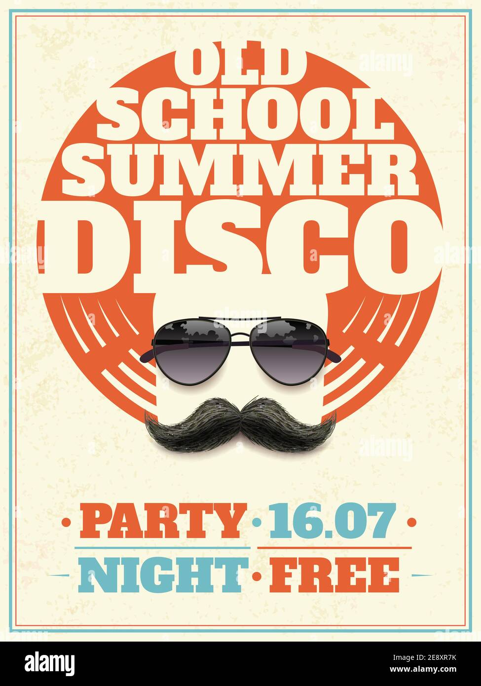 Old school summer disco retro poster with hipster moustache and aviator