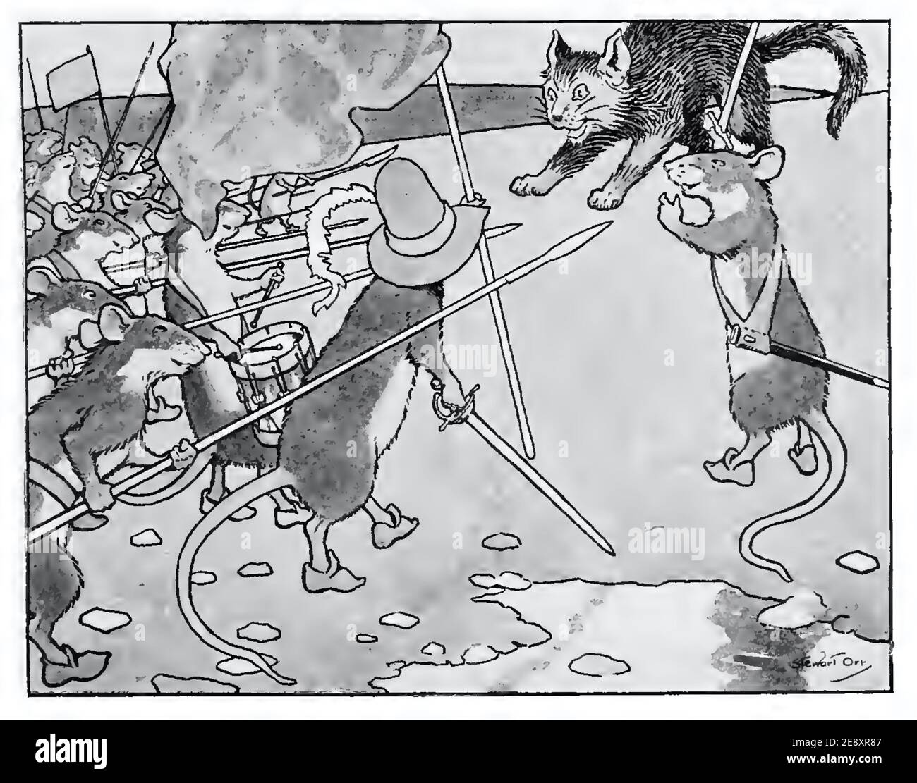 Stewart Orr cartoon showing a band of mice with pike-staffs in confrontation with a cat. The end result, unfortunately, is too graphic to shown here. Stock Photo