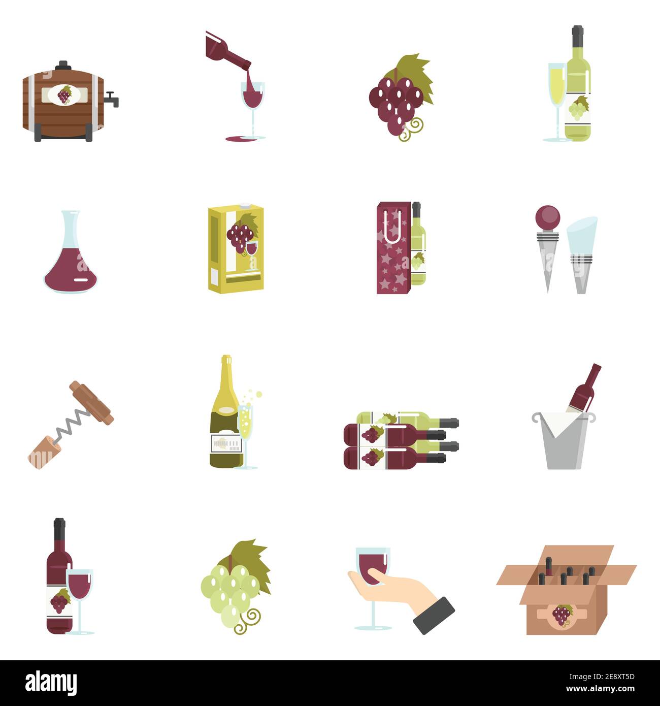 Wine icon flat set with barrel corkscrew grape isolated vector ...
