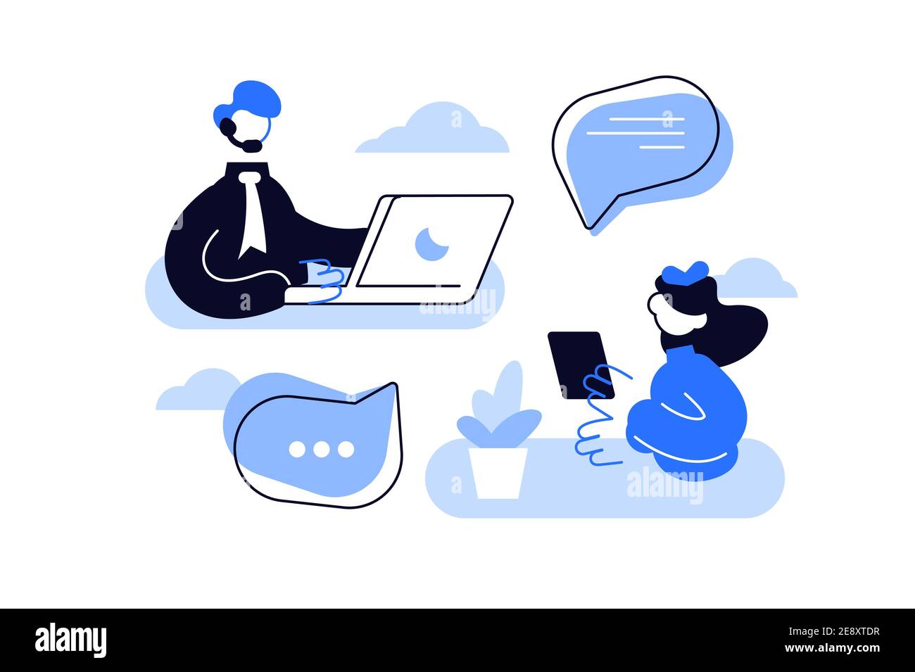 Vector illustration. Customer service, male hotline operator advises Stock Vector