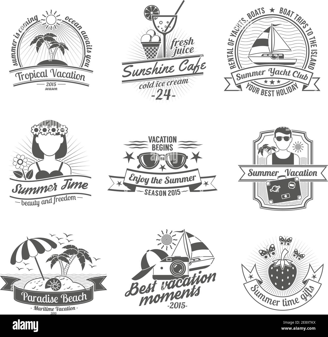 Summer time and vacation with beaches cafes and yacht club black white labels set flat isolated vector illustration Stock Vector