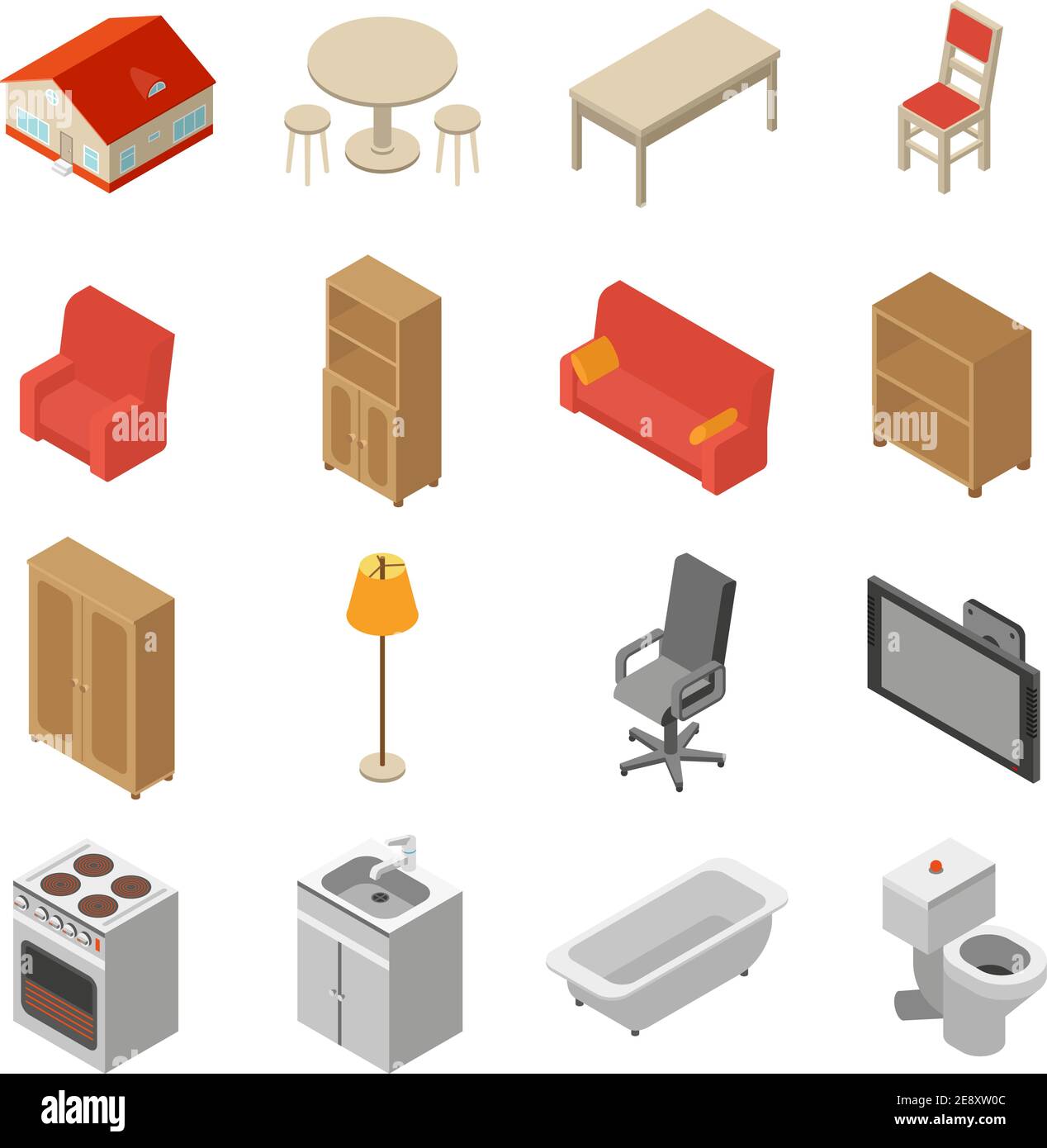 Interior isometric icons set with 3d bookshelf couch chair isolated ...