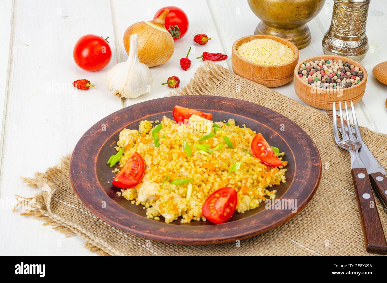 Healthy food. Couscous with chicken and vegetables. Photo Stock Photo