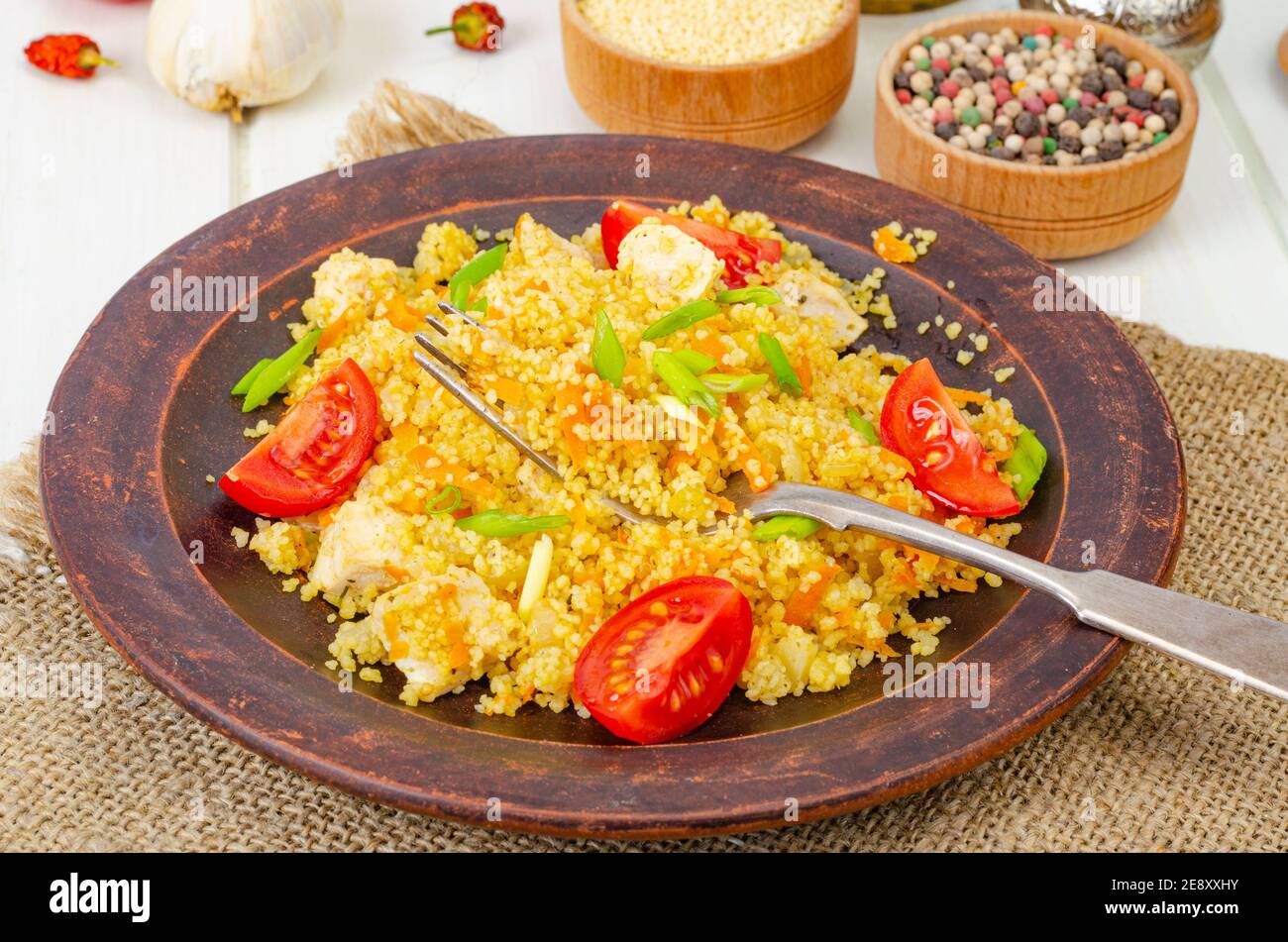 Healthy food. Couscous with chicken and vegetables. Photo Stock Photo