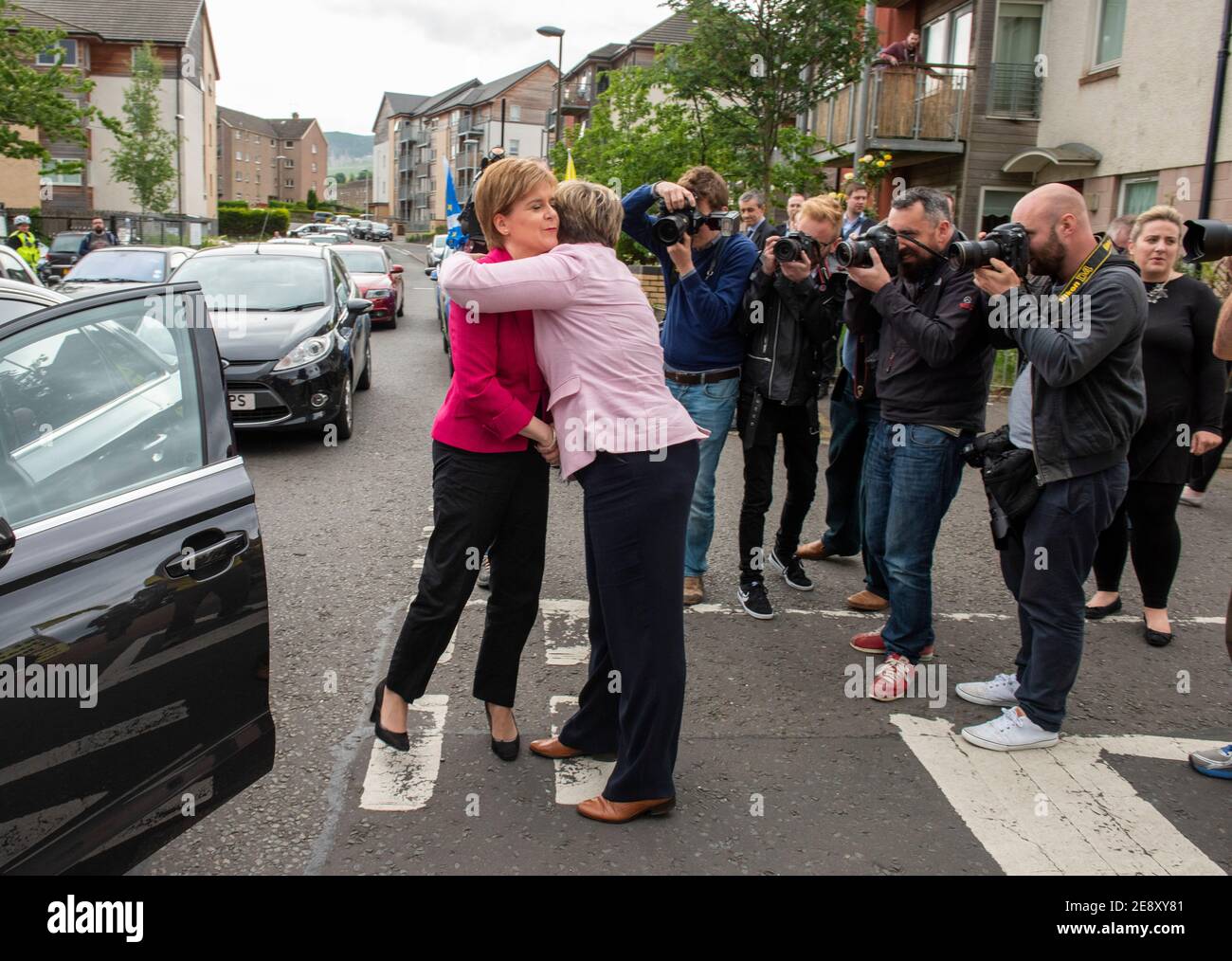 Picture Date - Thursday 1st of June 2017: Original Caption - Nicola Sturgeon was met by Joanna Cherry at Oxgangs Neighbourhood Centre. First Minister Nicola Sturgeon said that with seven days to go until the election on June 8th, voters in Scotland face a clear choice between the SNP who want a strong voice for Scotland or the Tories who want to silence Scotland. Caption Update - Monday 1st of February 2021: Joanna Cherry has been dropped from the Scottish National Party's frontbench team at Westminster. The Edinburgh South West MP said she was sacked from the justice position 'despite hard wo Stock Photo