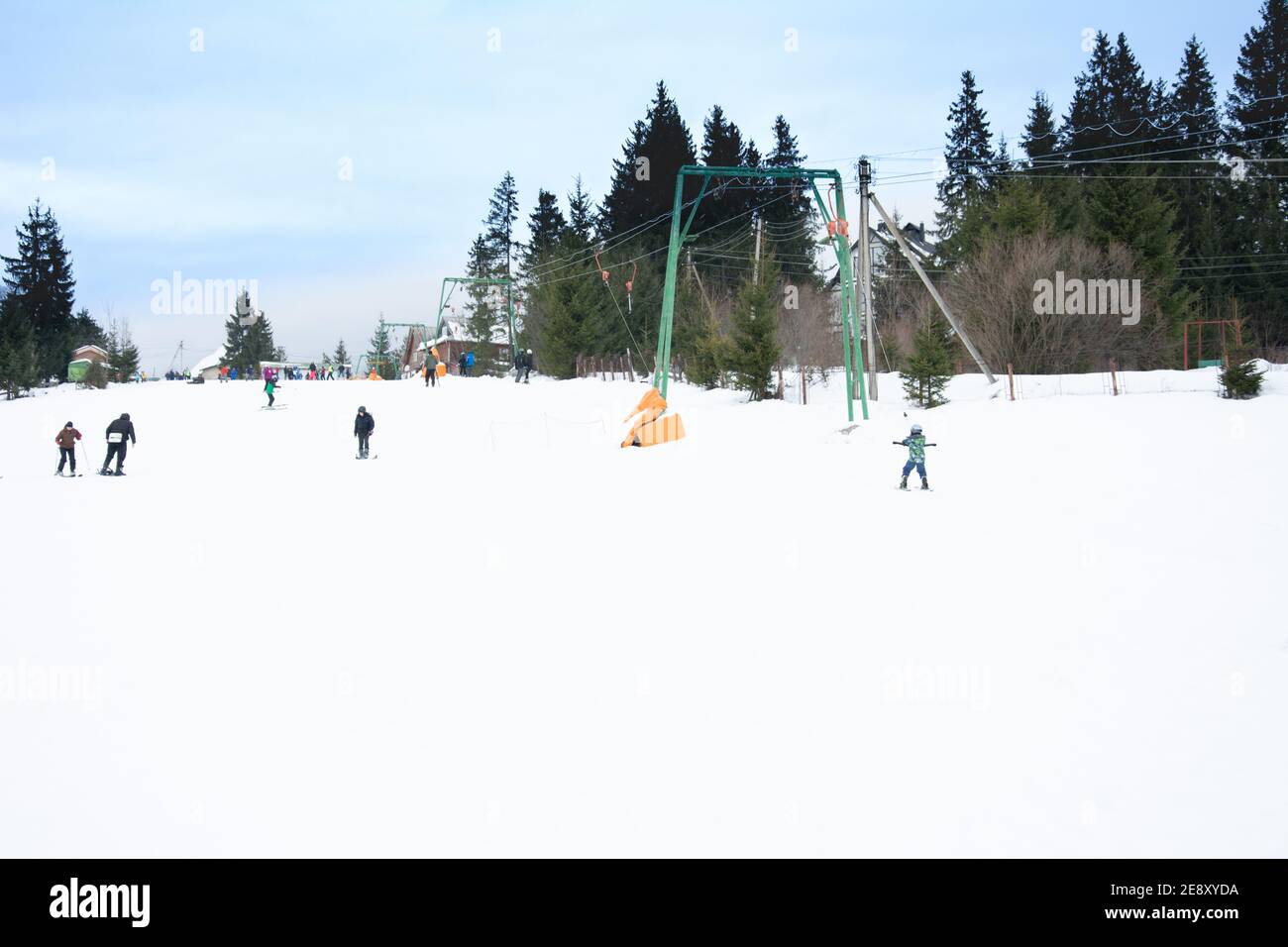 Yablunytsia, Ukraine February 2, 2019: winter vacation in the Carpathians, skiing.new Stock Photo