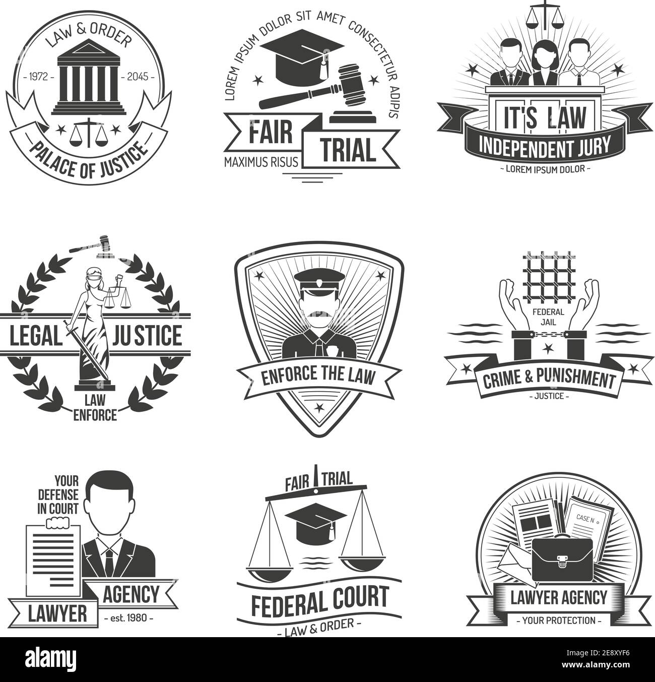 Justice police and law enforcement label set isolated vector illustration Stock Vector