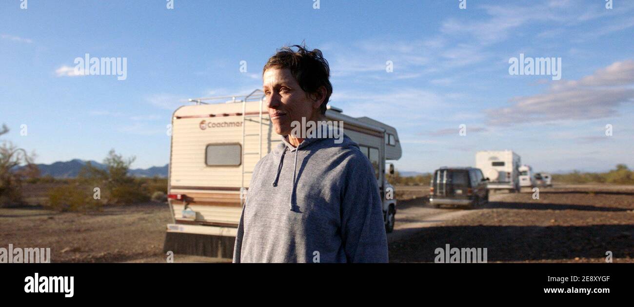 Nomadland is a 2020 American independent contemporary Western drama film directed, written, edited, and co-produced by Chloé Zhao. It is based on the 2017 non-fiction book Nomadland: Surviving America in the Twenty-First Century by Jessica Bruder, and stars Frances McDormand (who also produced the film) as a woman who leaves her small town to travel around the American West.   This photograph is for editorial use only and is the copyright of the film company and/or the photographer assigned by the film or production company and can only be reproduced by publications in conjunction with the pro Stock Photo