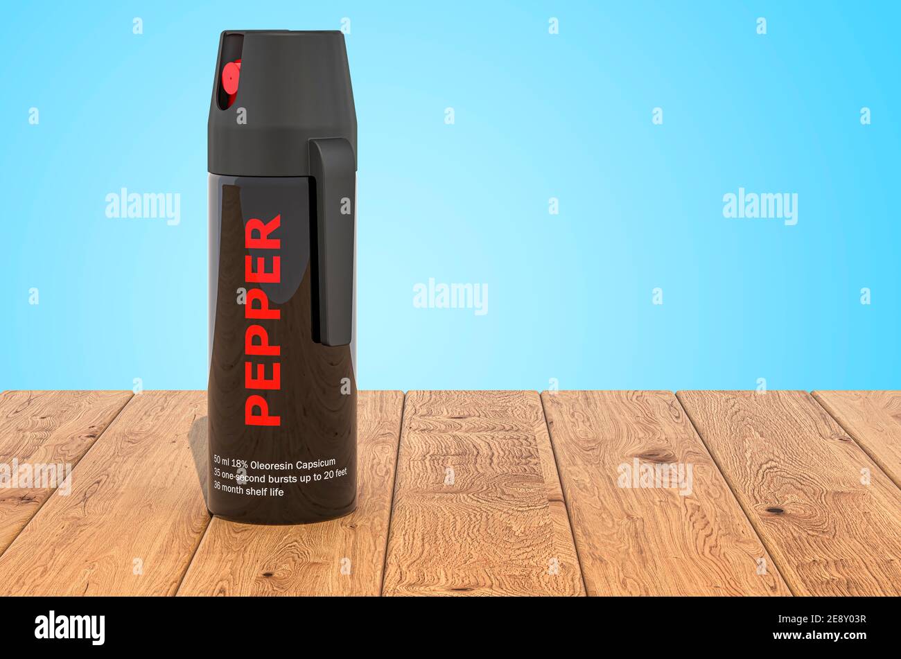 Pepper spray spraying gas on the wooden planks, 3D rendering Stock Photo