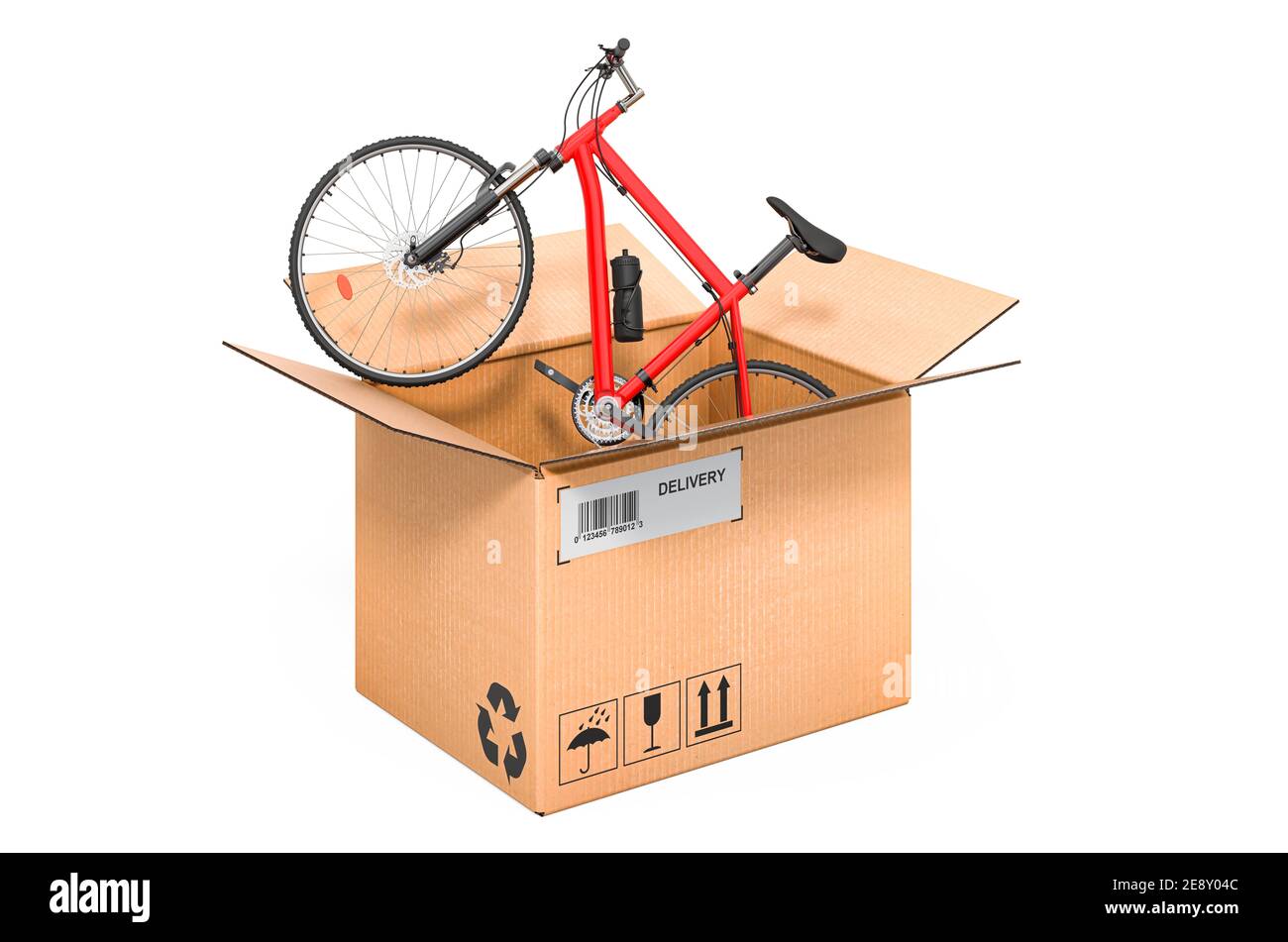Sport bicycle inside cardboard box, delivery concept. 3D rendering