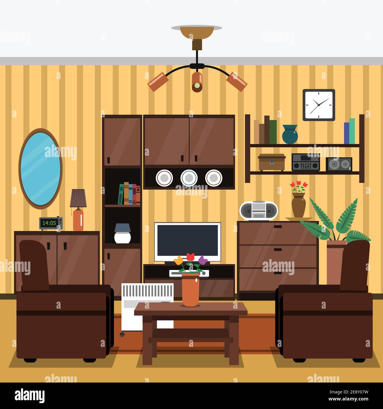 Living room interior concept with flat indoors furniture icons vector ...
