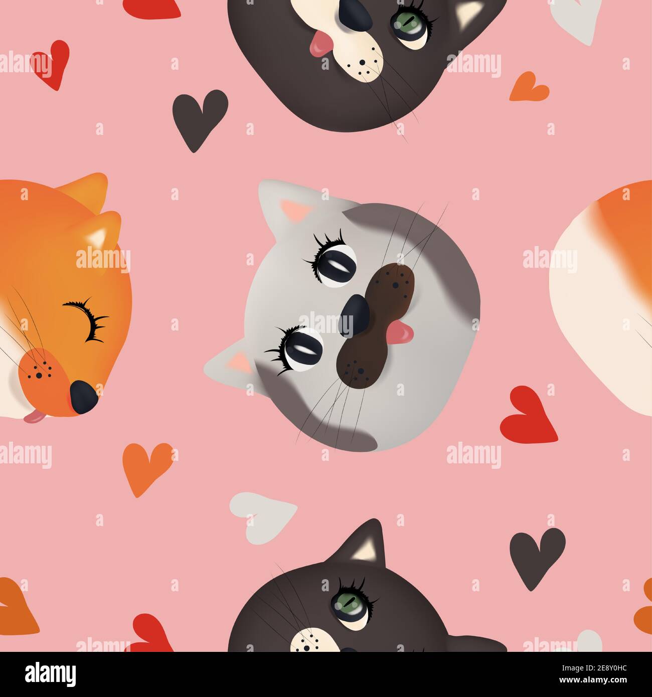 Cute cat Faces seamless pattern. Colorful faces cat with heart on pink ...