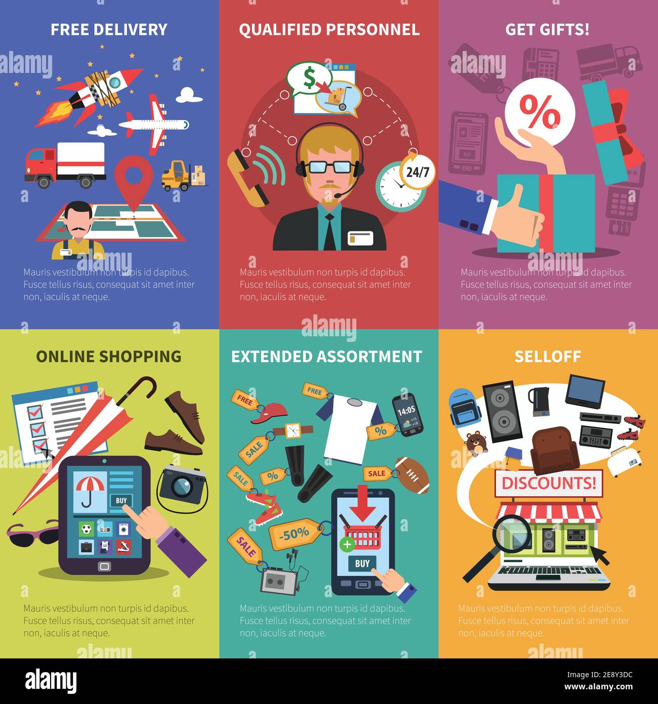 Online store free delivery gifts shopping mini posters set isolated