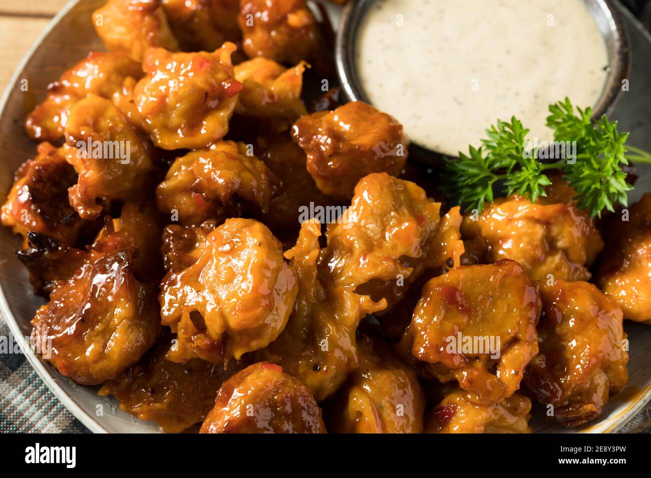 Homemade Vegetarian Vegan Buffalo Chicken Wings with Ranch Stock Photo