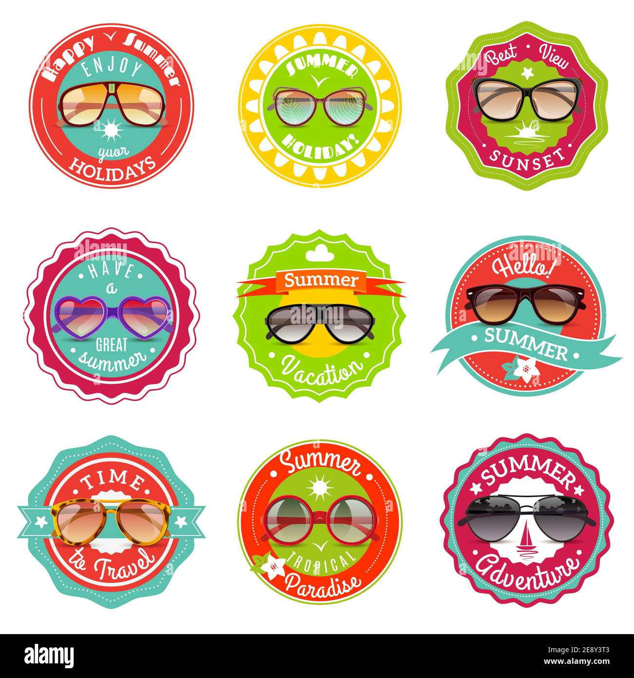 Round and cat eye style sun glasses seasonal summer sale labels stickers set abstract vector isolated illustration Stock Vector