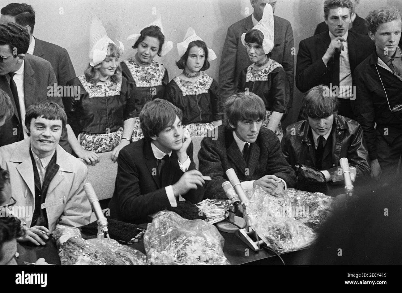 The Beatles without Ringo Starr who was sick at the moment, replaced by Jimmy Nicol. Press conference in Holland Stock Photo