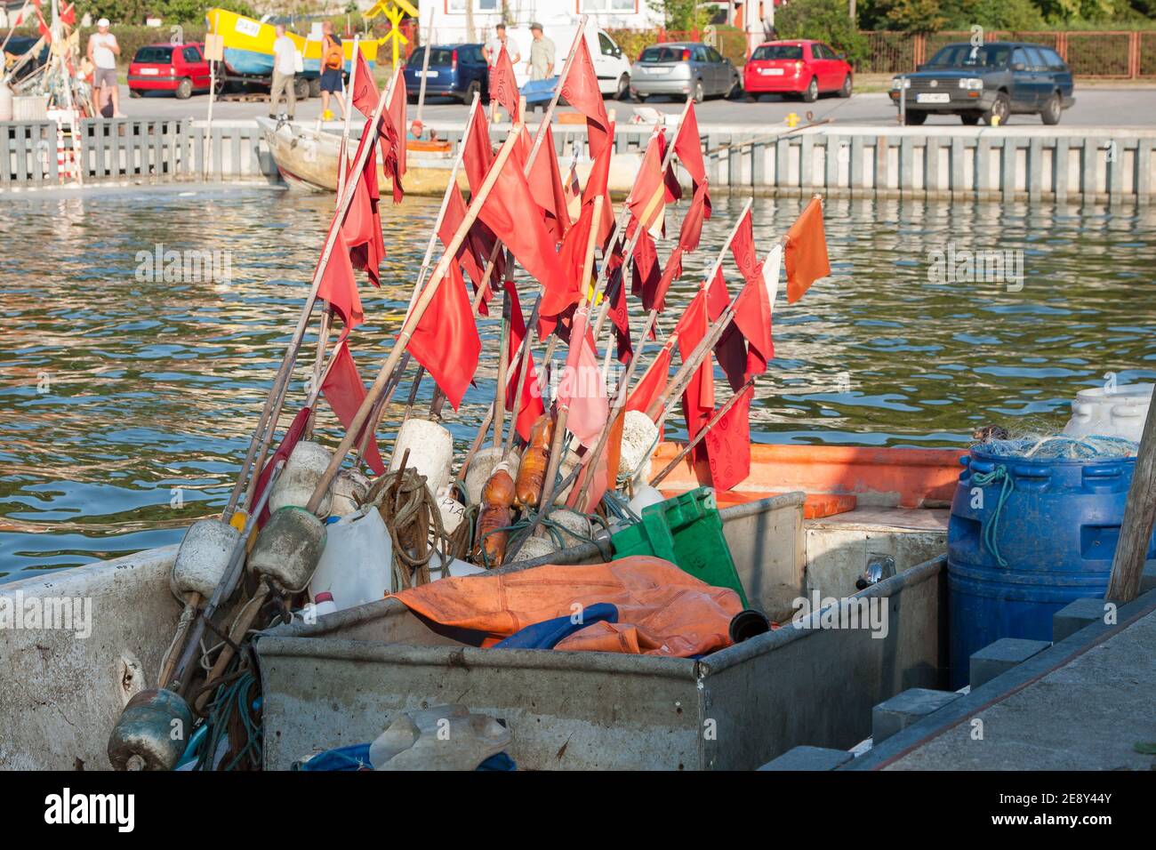 Fishing boat with nets. Port in Piaski on Vistula Spit, Poland. Stock Photo