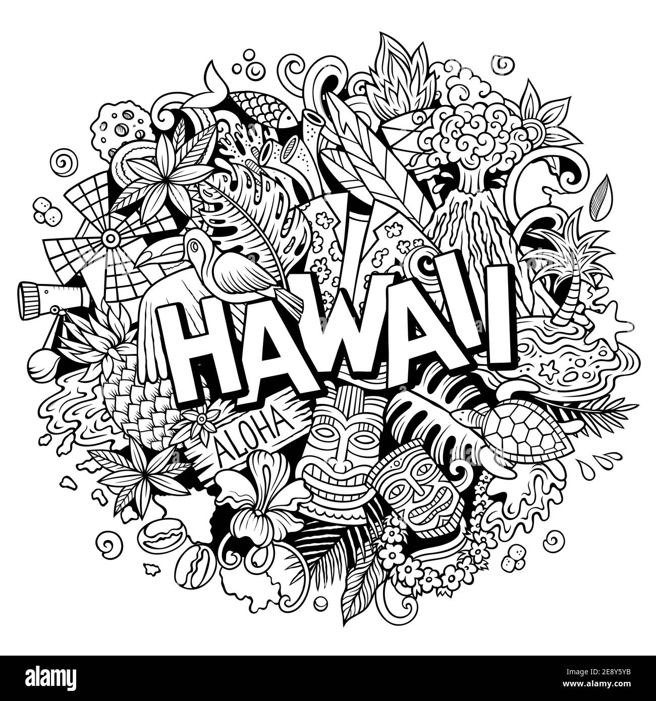 Hawaii hand drawn cartoon doodle illustration. Funny Hawaiian design