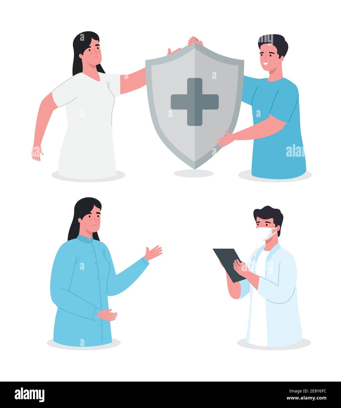 medical staff group of four workers with immune system shield and