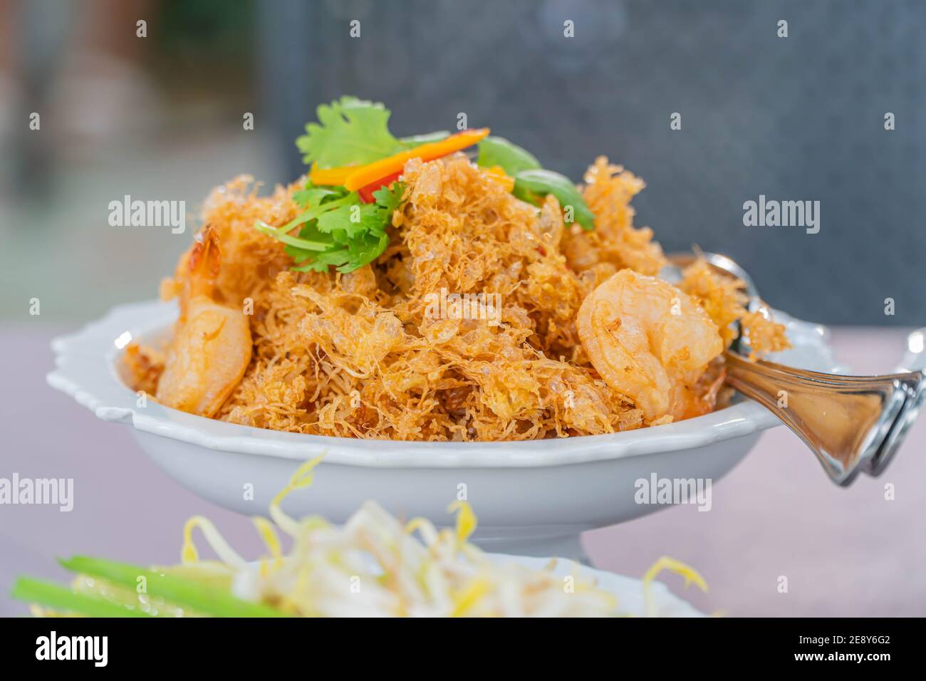 Fried shrimp thai style in deck. Stock Photo