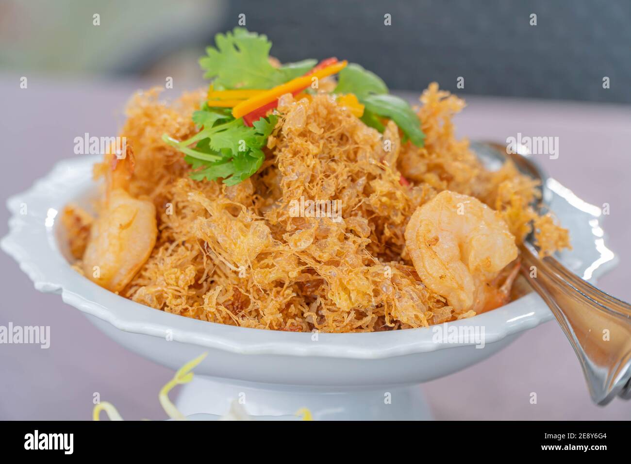 Fried shrimp thai style in deck. Stock Photo
