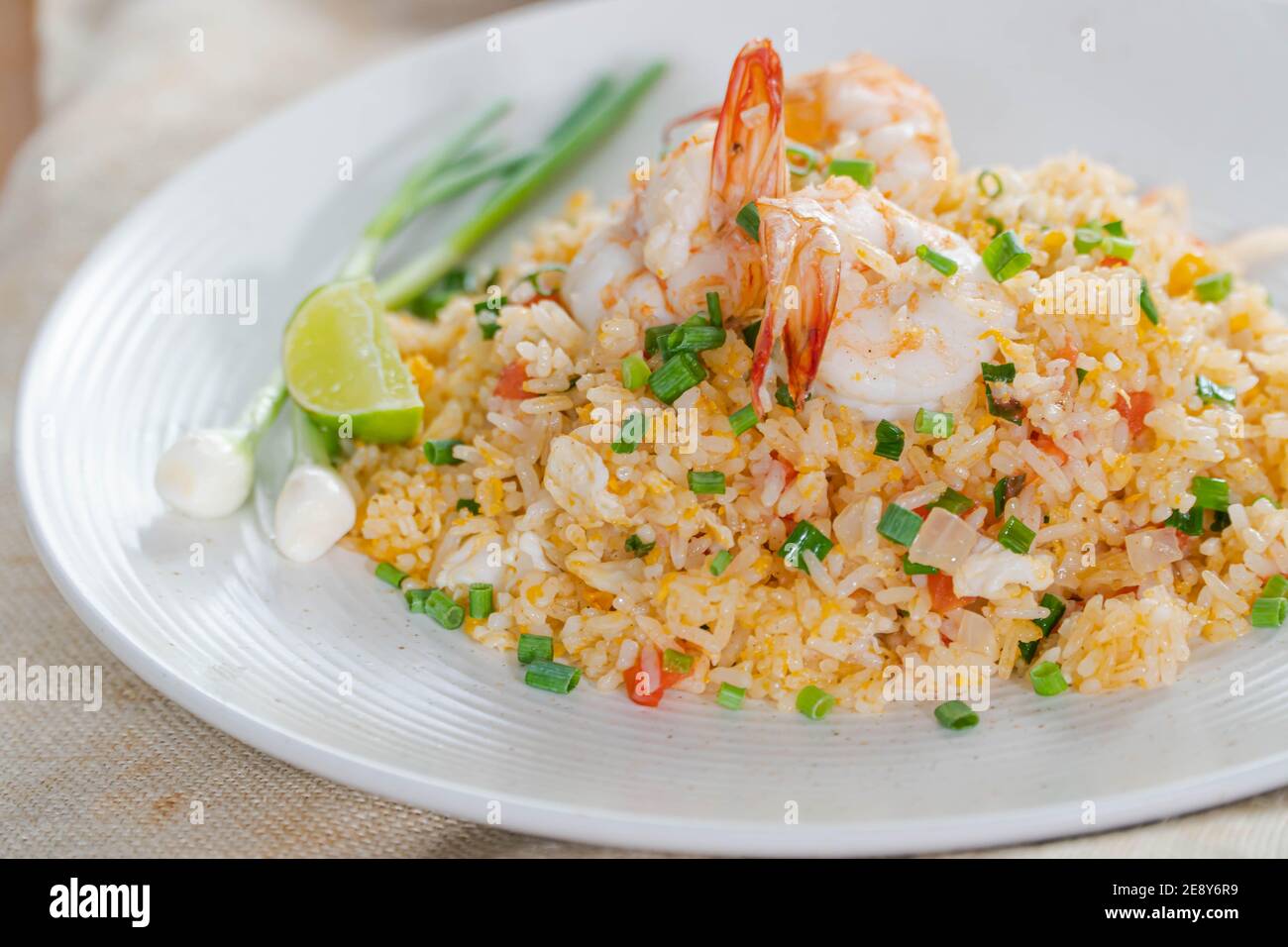 Unique style Thai shrimp fried rice serves on the dish Stock Photo