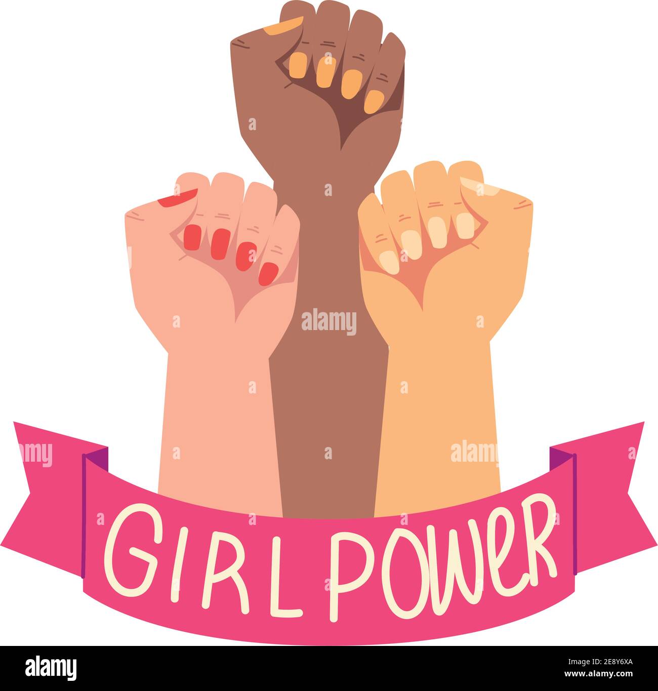 womens day, diverse hands up girl power ribbon vector illustration ...