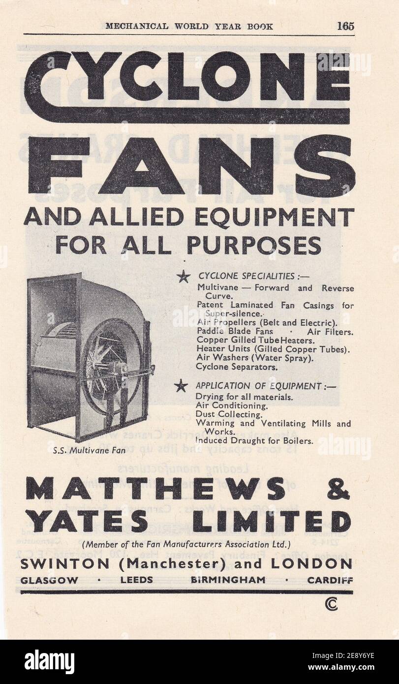 Vintage advert for Matthews & Yates Limited. Stock Photo