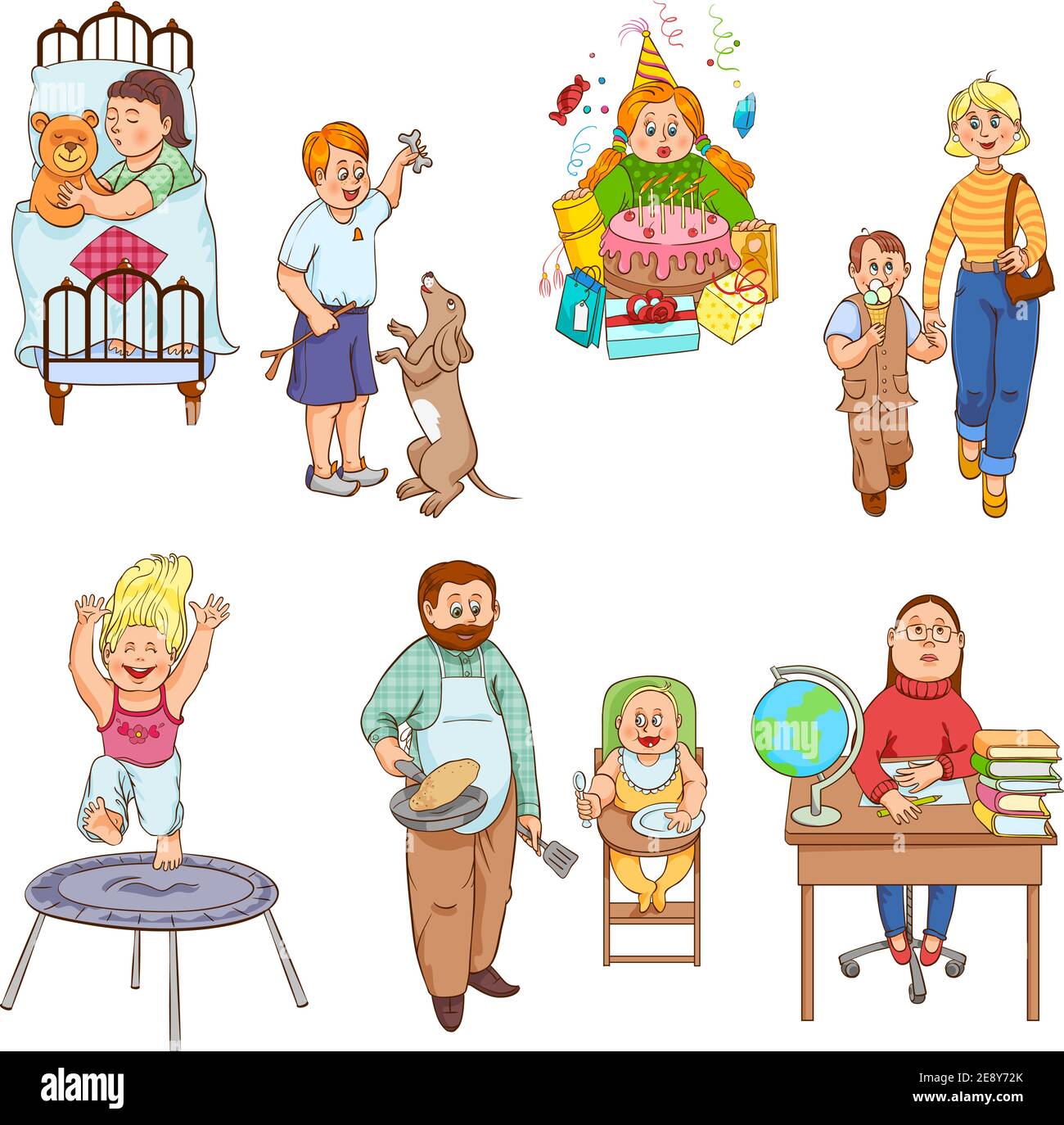 Parents caring for children and playing kids cartoon style happy family icons collection abstract isolated vector illustration Stock Vector