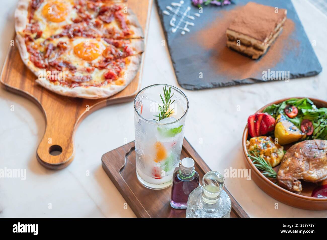 set menu pizza fried chicken dessert and beverage. Stock Photo