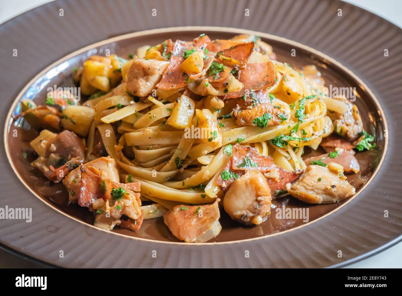 Spaghetti Carbonara With Bacon And Cheese. Stock Photo