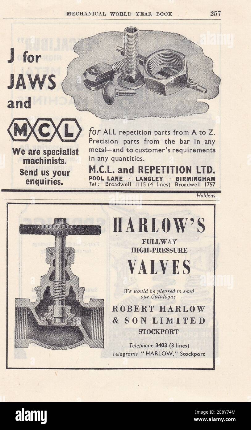 Vintage advert for M. C. L. and Retetition Ltd, and Robert Harlow & Son Limited. Stock Photo