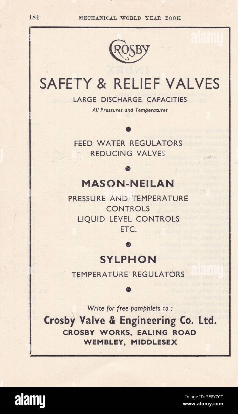 Vintage advert for Crosby Valve & Engineering Co. Ltd Stock Photo Alamy