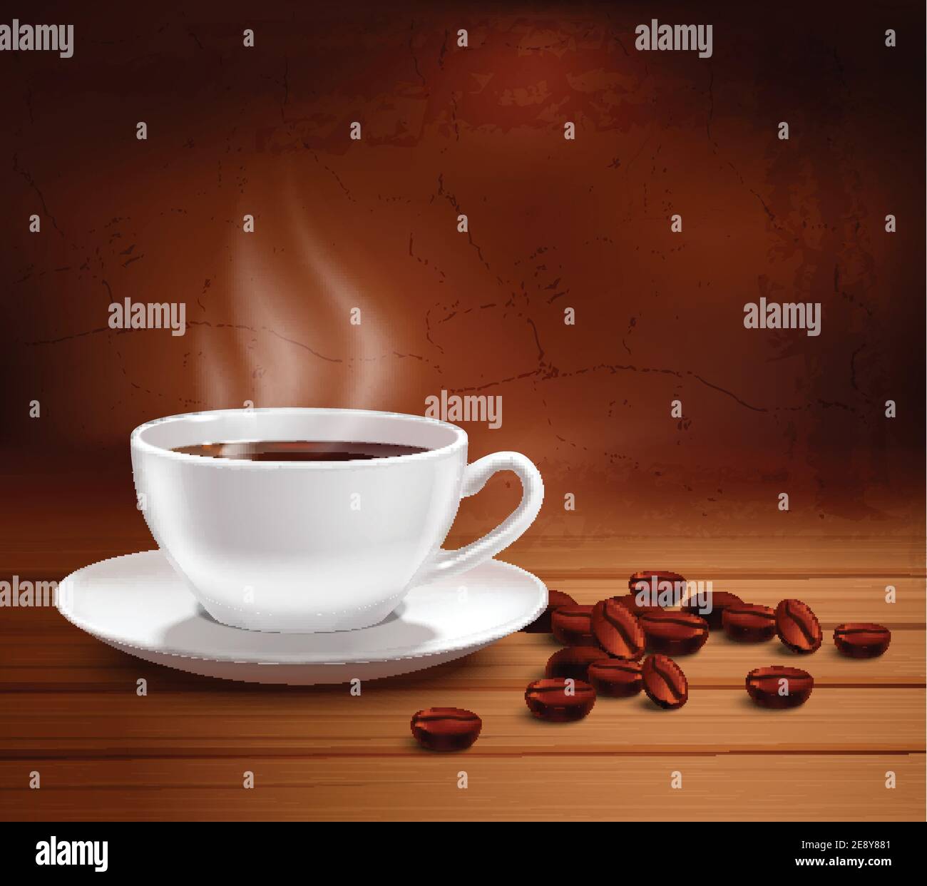 Coffee poster with realistic white porcelain cup on textured background vector illustration Stock Vector