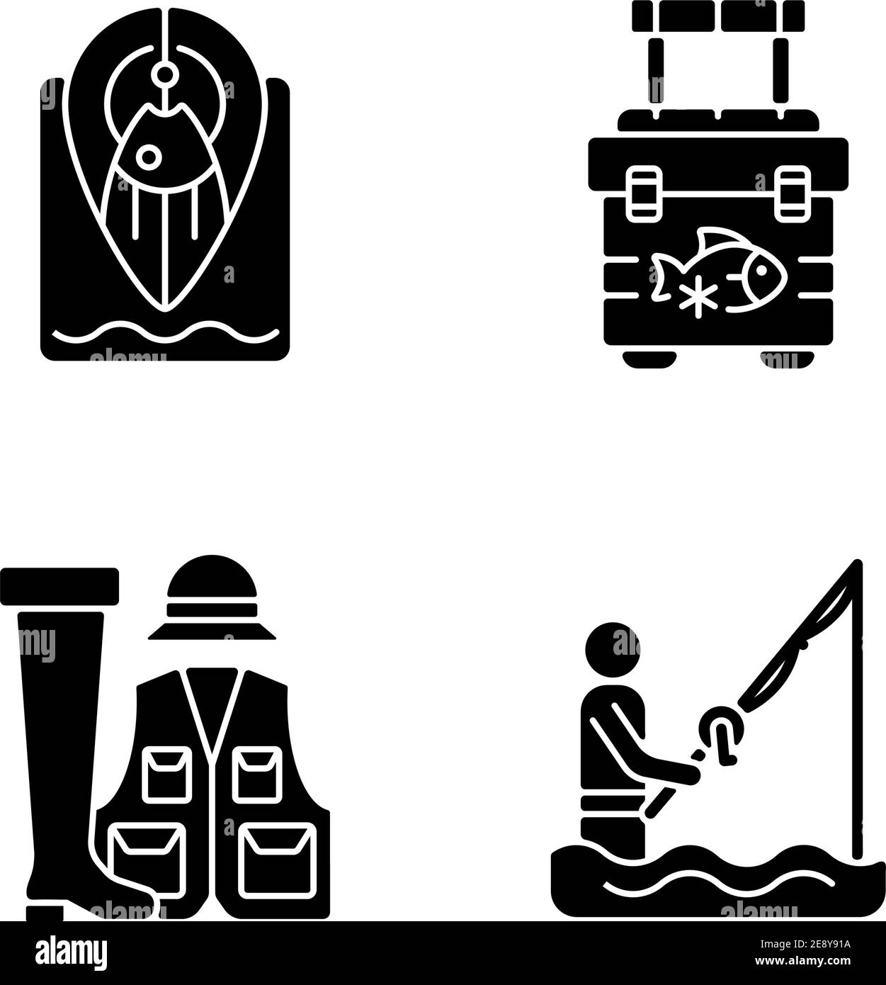 Wade fishing black glyph icons set on white space Stock Vector